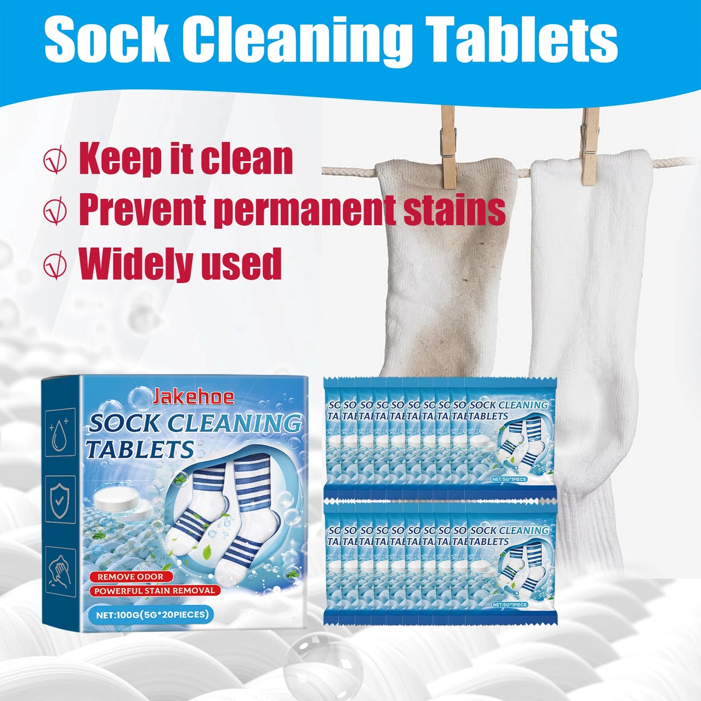 JAKEHOE 20-Pack Sock Cleaning Tablets – Stain & Odor Remover