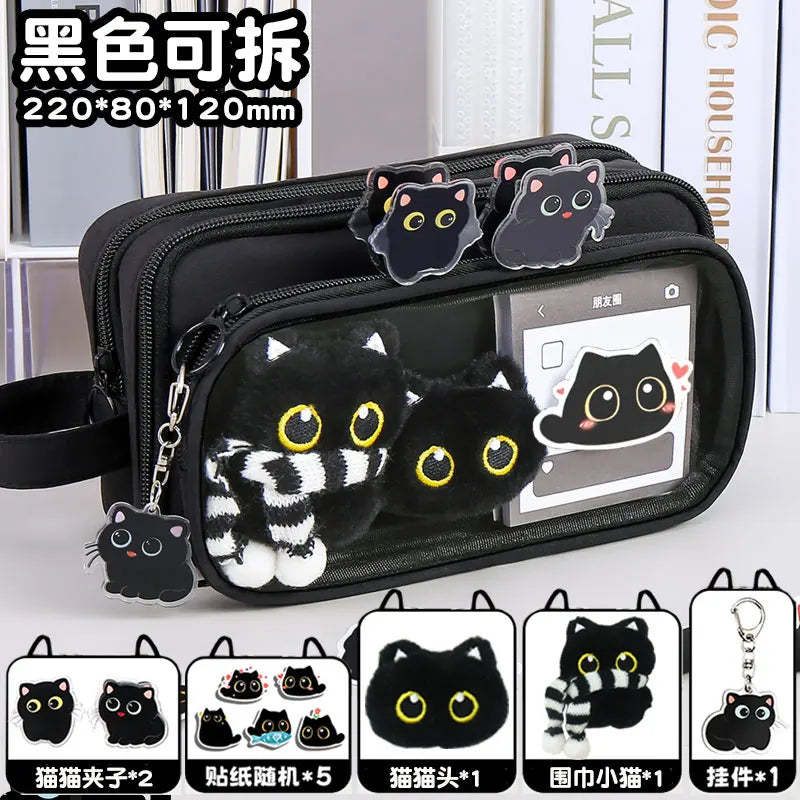 10 Layer Creative Black Cat Design Removable Pencil Case Large Capacity Stationery Case Cute Pencil Case for Student Office Peaceful Pleasures Health and Wellness Full Set