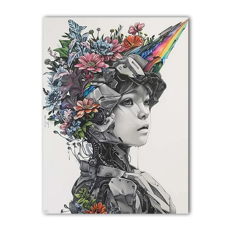 Nordic Robot Girl & Flowers Canvas Wall Art | Modern Poster Print Canvas Wall Art Print Peaceful Pleasures Health and Wellness 02 40x60cm No Frame China Mainland