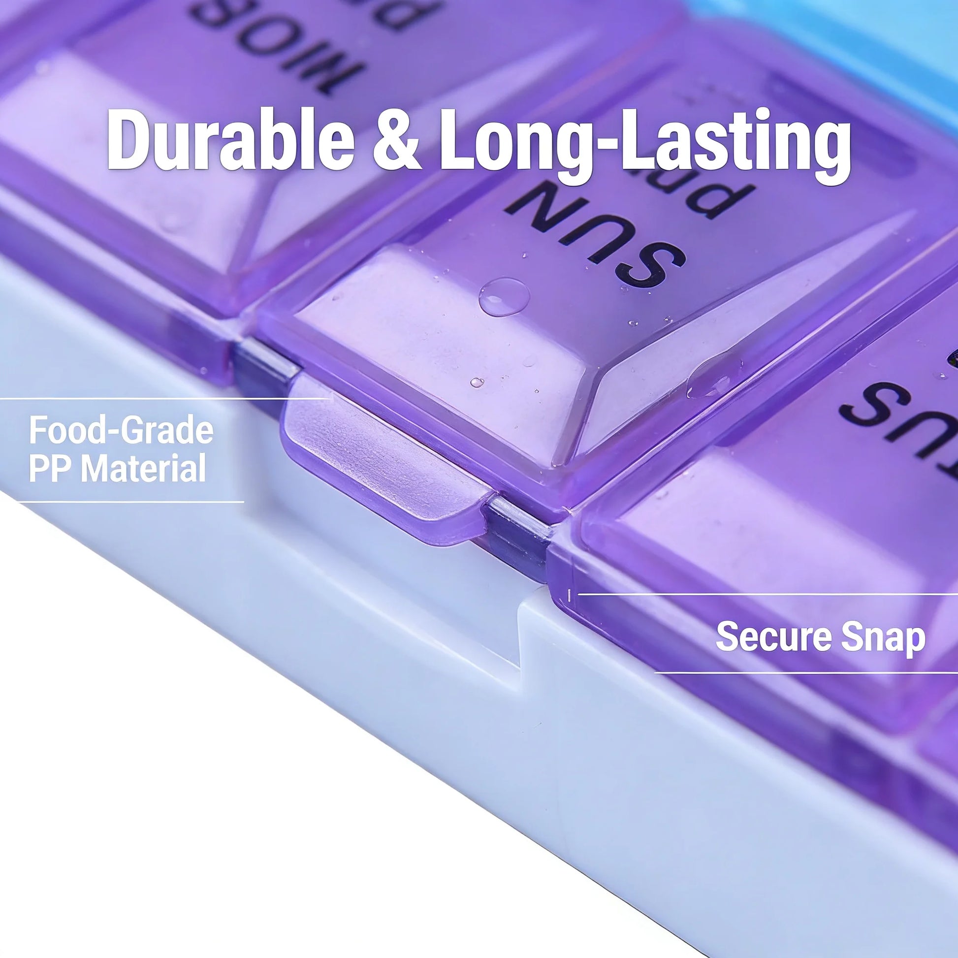 Purple pill organizer with text highlighting durability and features