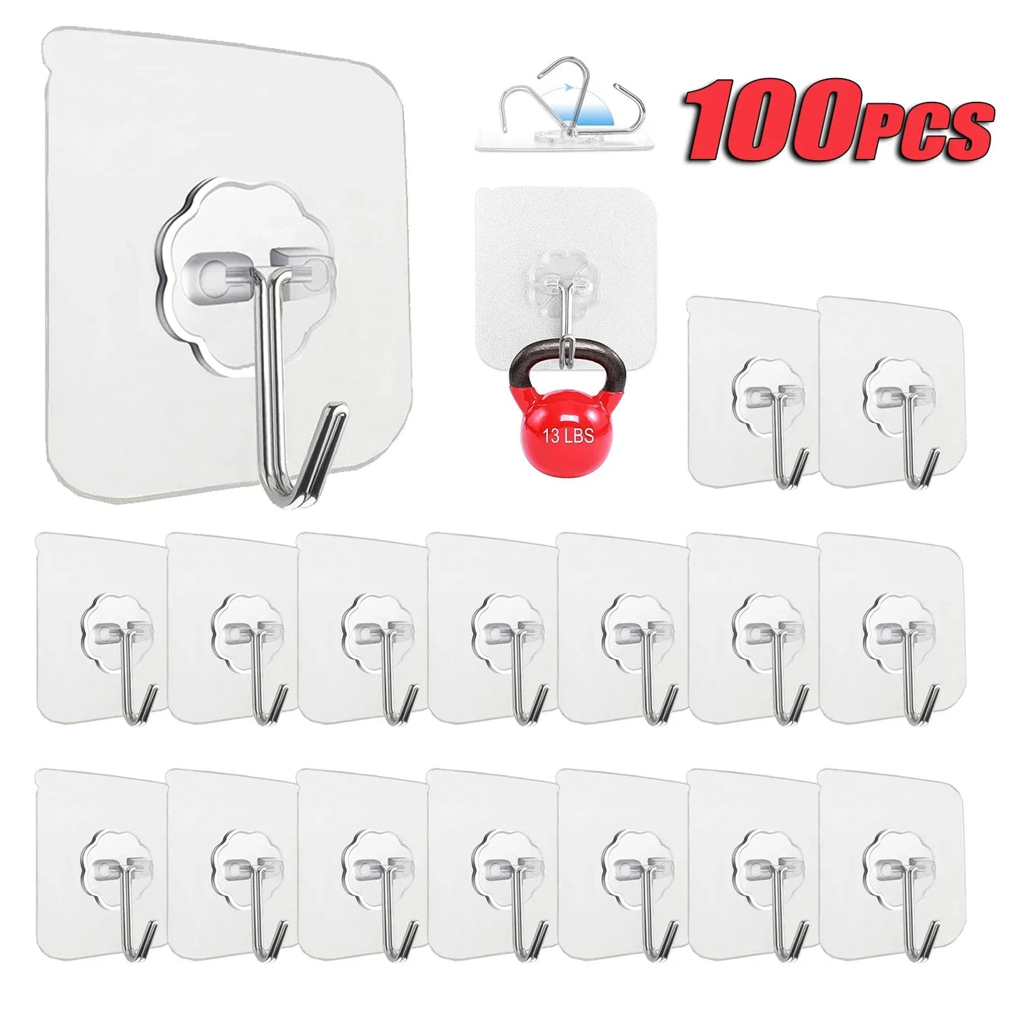 Transparent Self-Adhesive Wall Hooks – No-Drill, Bulk 10–100 Pcs