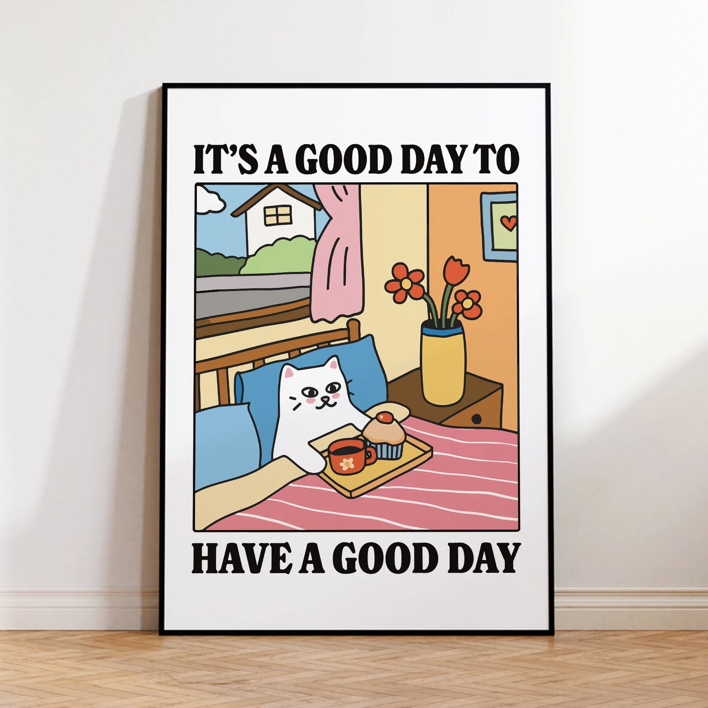 Good Day To Have A Good Day Cartoon Cat Wall Art Prints Canvas Painting Poster Picture For Living Children Room Home Decor Gift Peaceful Pleasures Health and Wellness G3103 50x70cm Black Frame