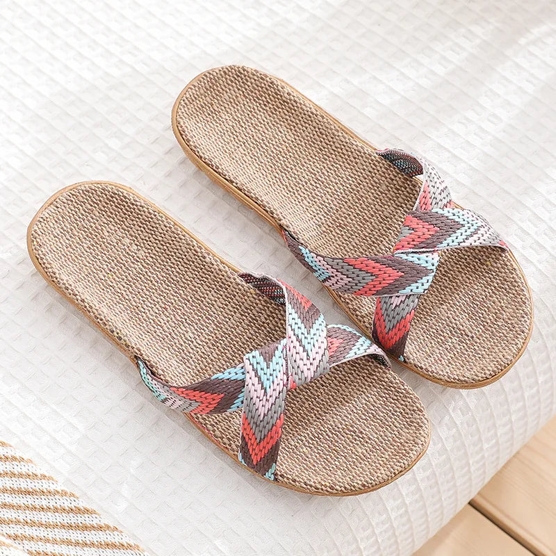 Women's Crossed Linen Flat Slippers – Indoor Beach Sandals