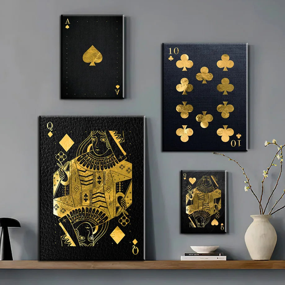 Golden Playing Cards Canvas Wall Art | Ace Spades Nordic Poster