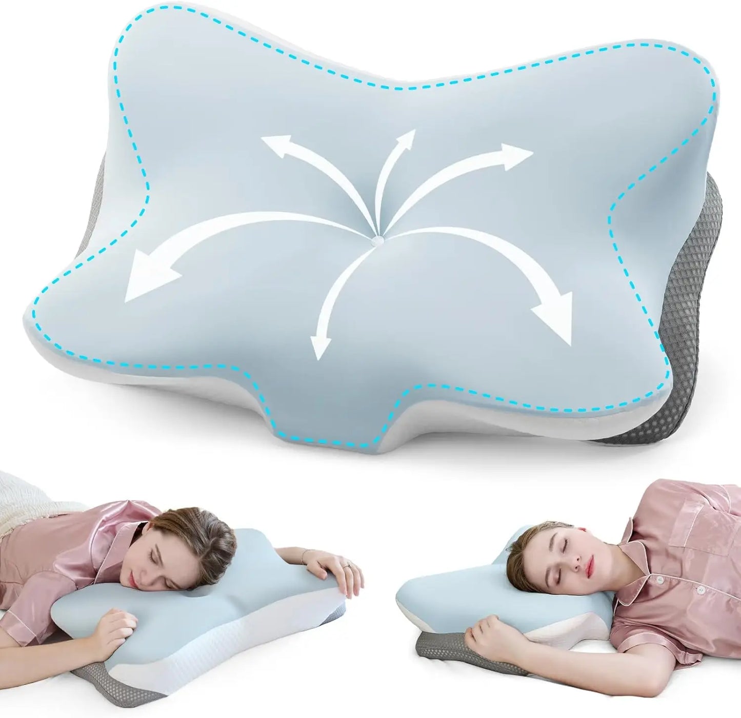 Two people lying on ergonomic pillows with a white background