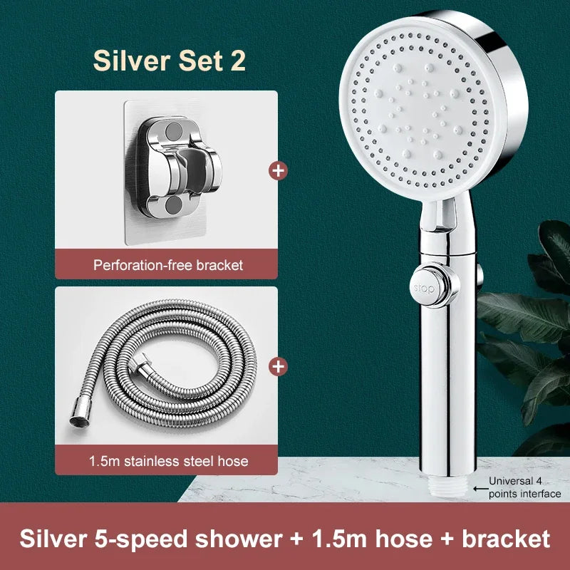 5-Mode High-Pressure Handheld Shower Head with Hose & Stop