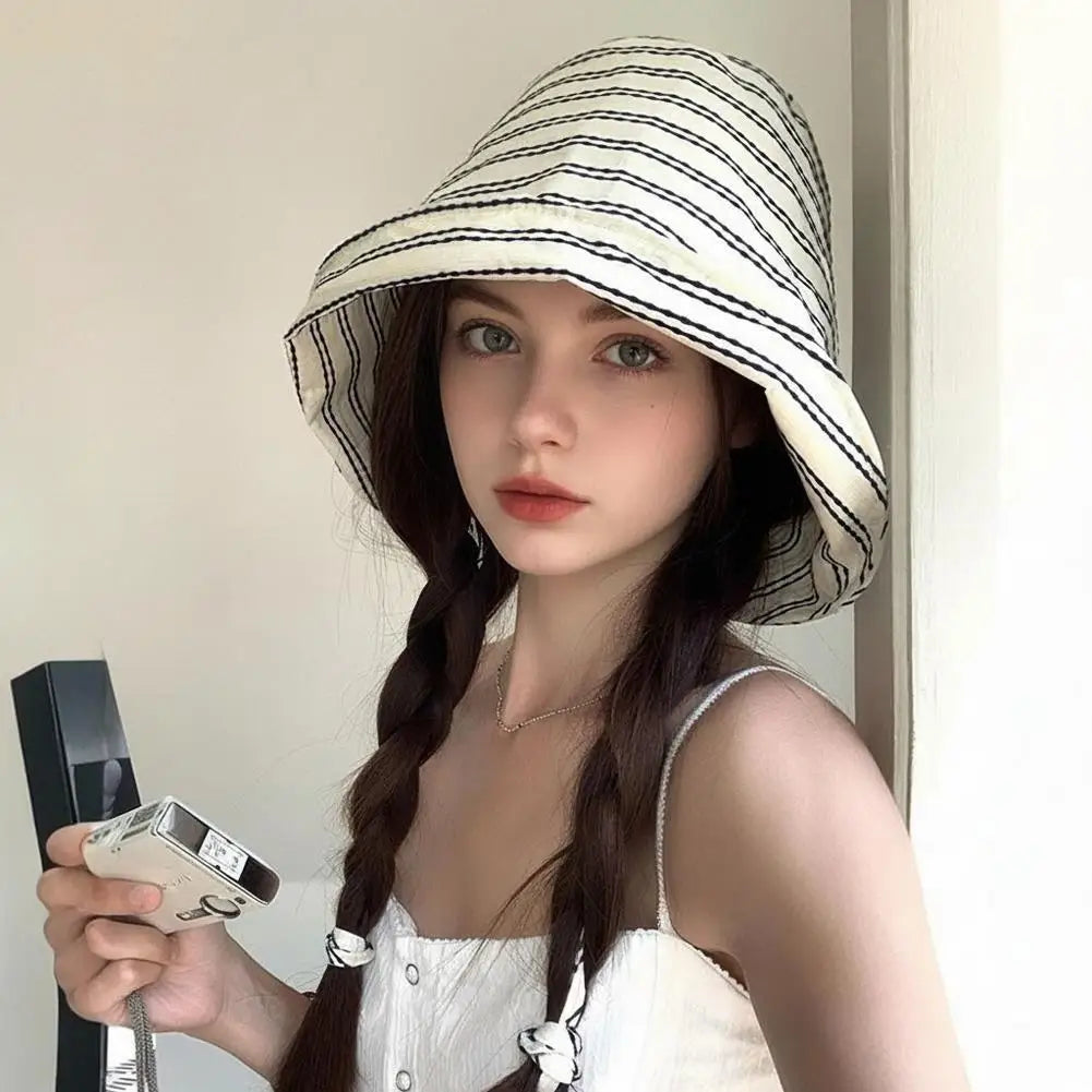 Women's Striped Bucket Hat UPF 50+ Wide Brim Beach Sun Hat