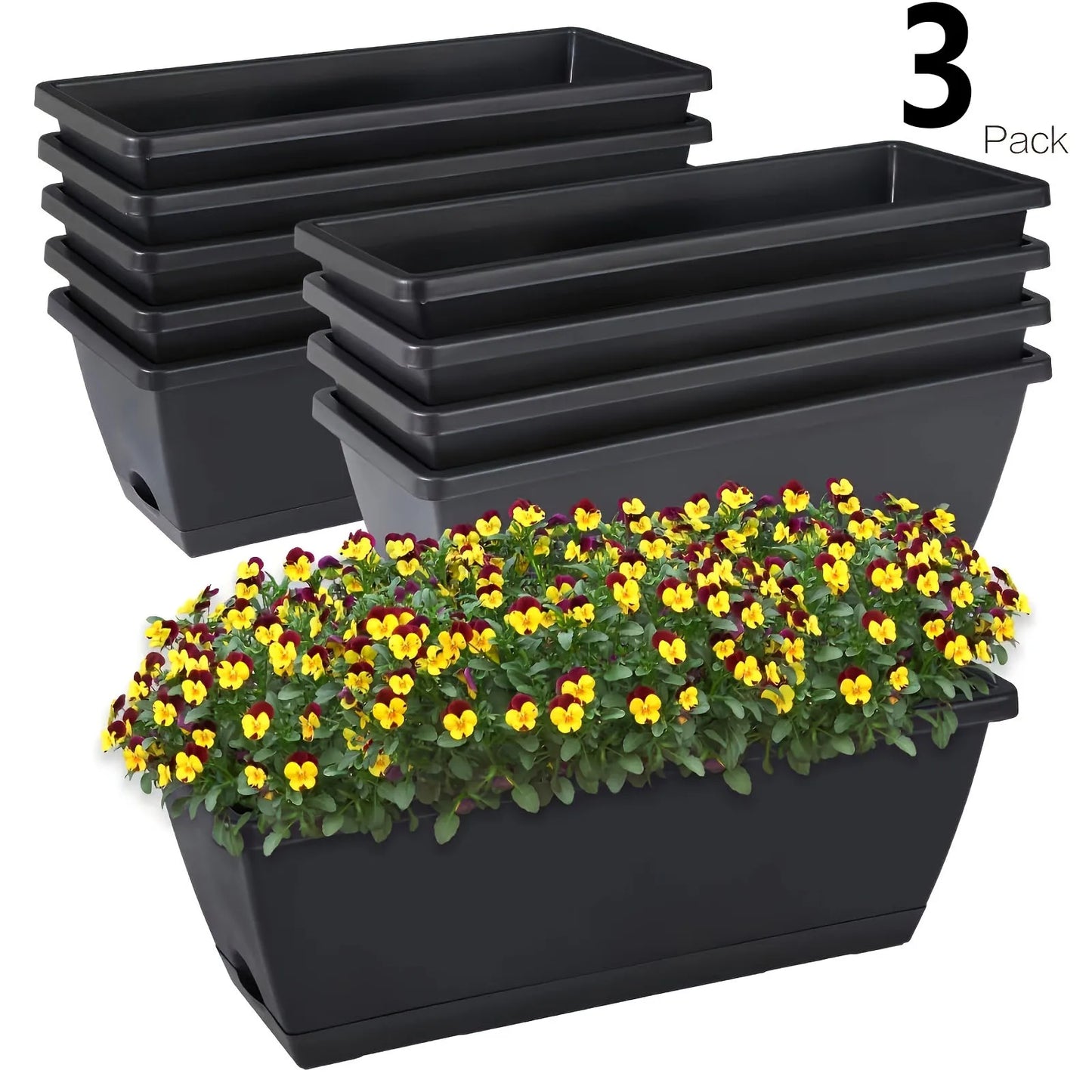 3-Pack Rectangle Window Box Planters with Drainage Holes