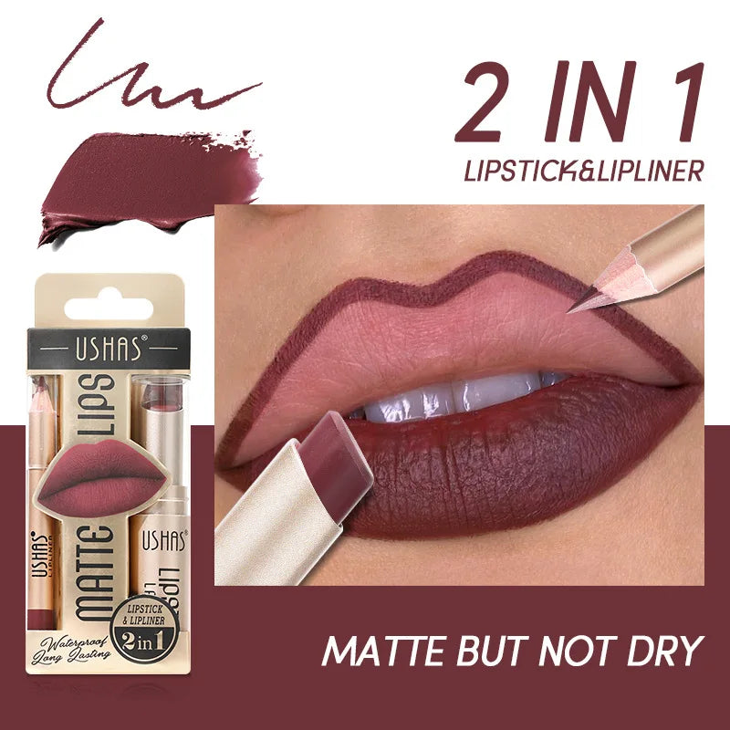USHAS 12-Color Matte Lipstick & Lip Liner Set – Waterproof