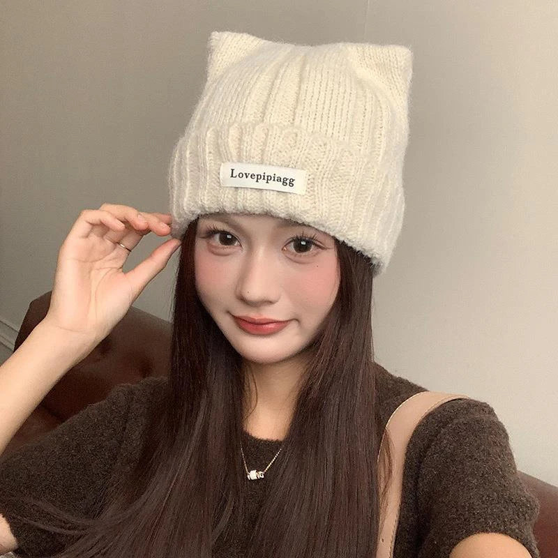 Cat Ear Knitted Beanie – Korean Style Winter Hat for Women