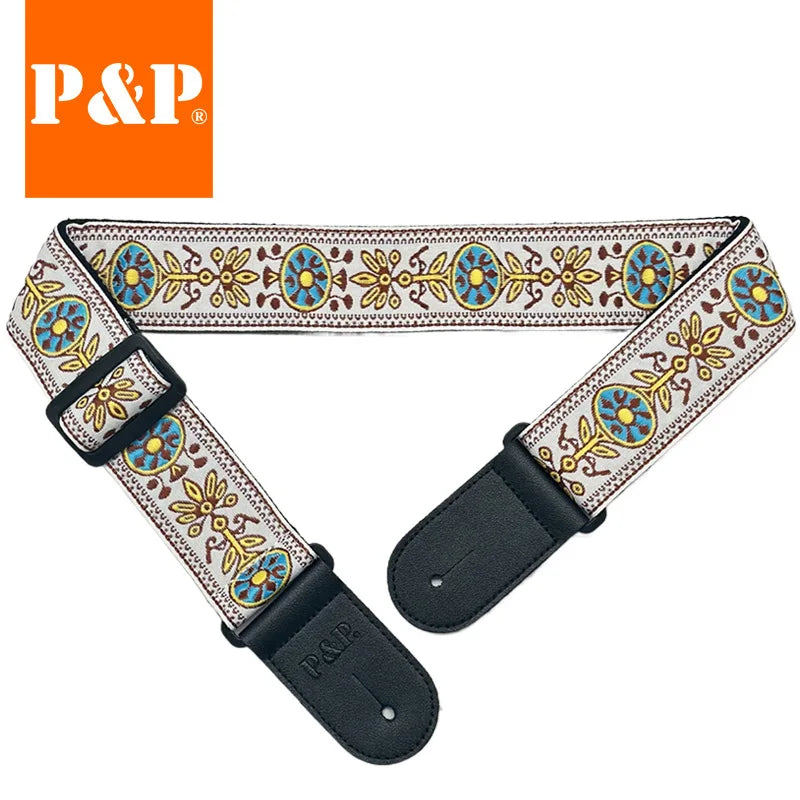 Guitar Strap Embroidered Belt Adjustable Jacquard Band Cotton Leather