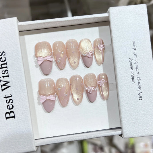 10pcs Handmade French Cat Eye Press on Nails Sweet Light Purple Bow Decor Fake Nails Wearable Korean Cute Ballet False Nails Peaceful Pleasures Health and Wellness