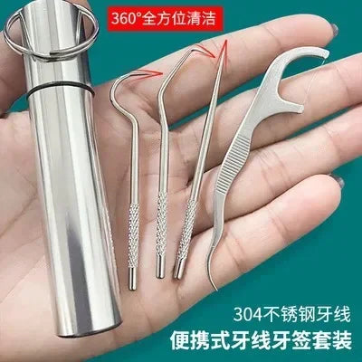 1Set Toothpick Set Metal Stainless Steel Oral Cleaning Tooth Flossing Portable Toothpick Floss Teeth Cleaner with Storage Tube Peaceful Pleasures Health and Wellness Silver 4pcs