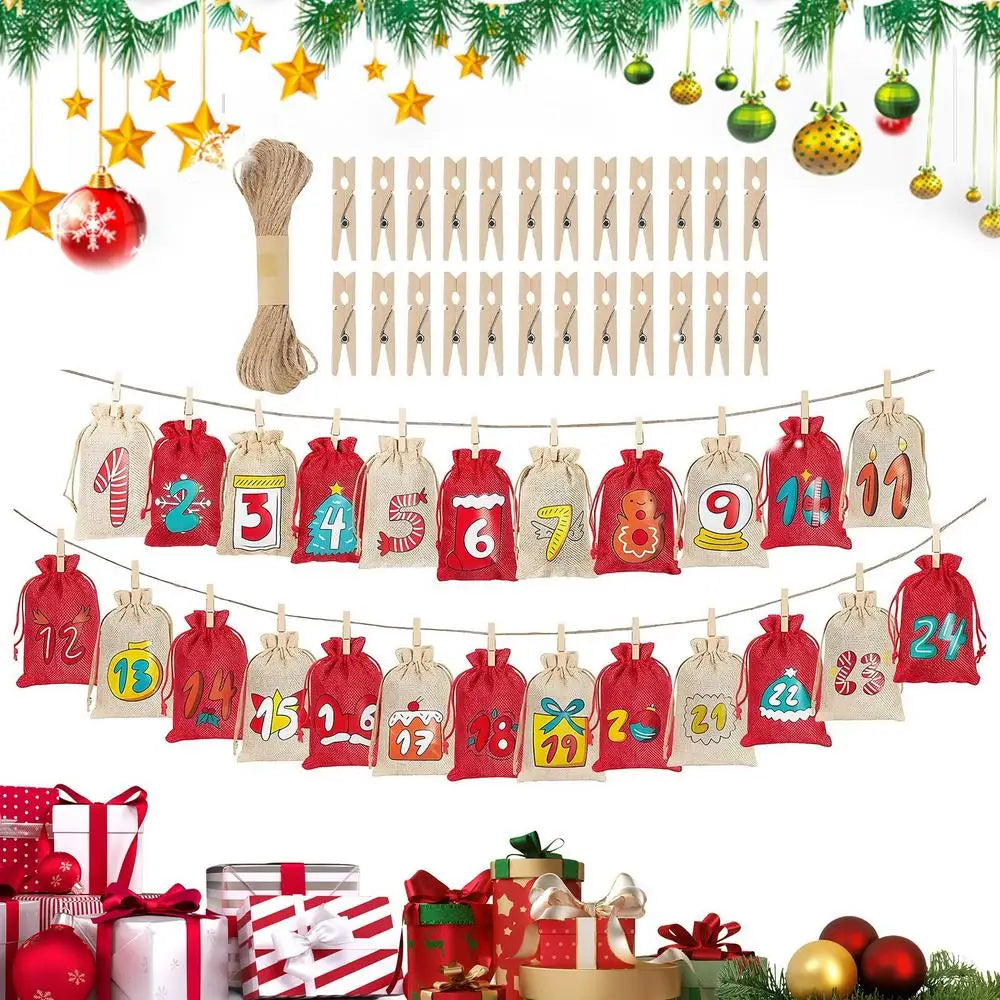 Advent Christmas Calendar Bags 24-Day Christmas Decorations Reusable Empty Drawstring Bags With Numbers For Wedding Holiday Peaceful Pleasures Health and Wellness A China Mainland 14x10cm