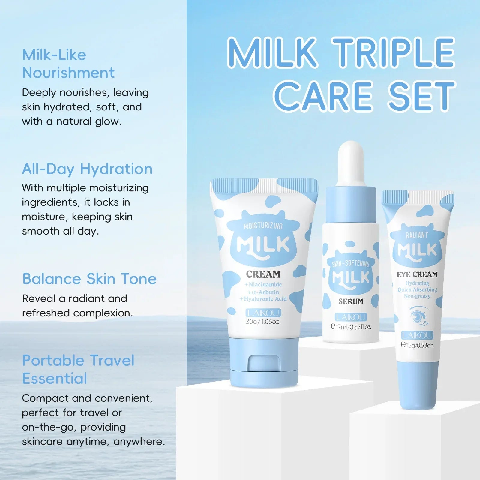 LAIKOU Milk Skincare Travel Set – Serum, Eye Cream & Face Cream 3pcs Peaceful Pleasures Health and Wellness
