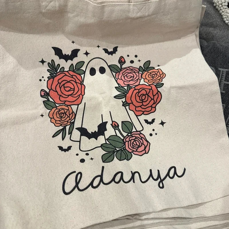 Personalized Ghost Flower Canvas Tote | Kids Halloween Candy Bag Personalized Tote Bag Peaceful Pleasures Health and Wellness