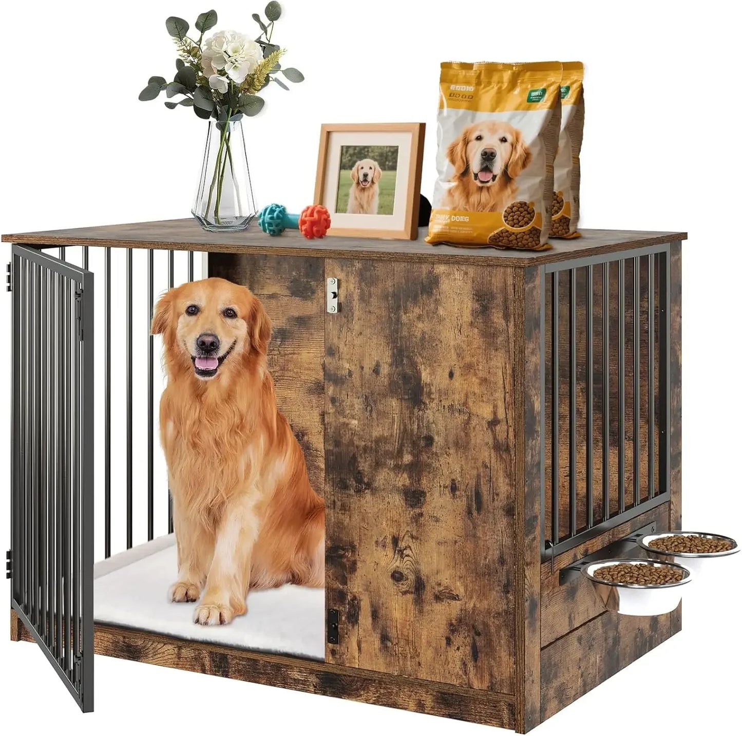 36" Indoor Wooden Dog Crate with Cushion & Swivel Door Peaceful Pleasures Health and Wellness United States