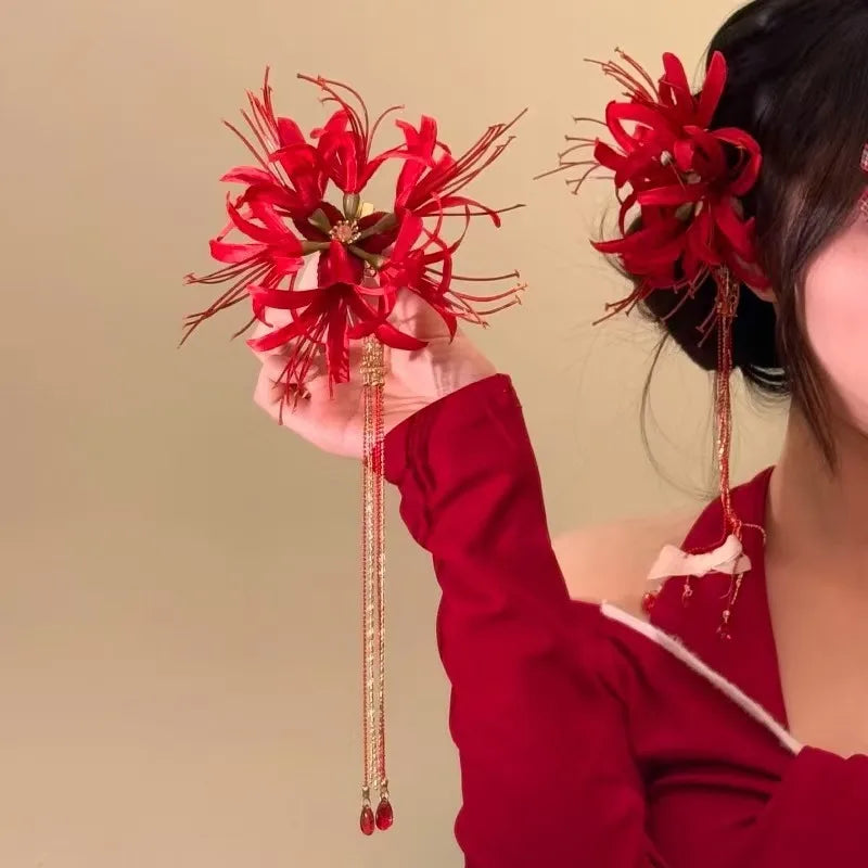 New Fashionable Red Cross Shore Flower Hair Clips Tassel Design Antique Elegant Atmospheric Personalized Women's Hair Accessory Peaceful Pleasures Health and Wellness