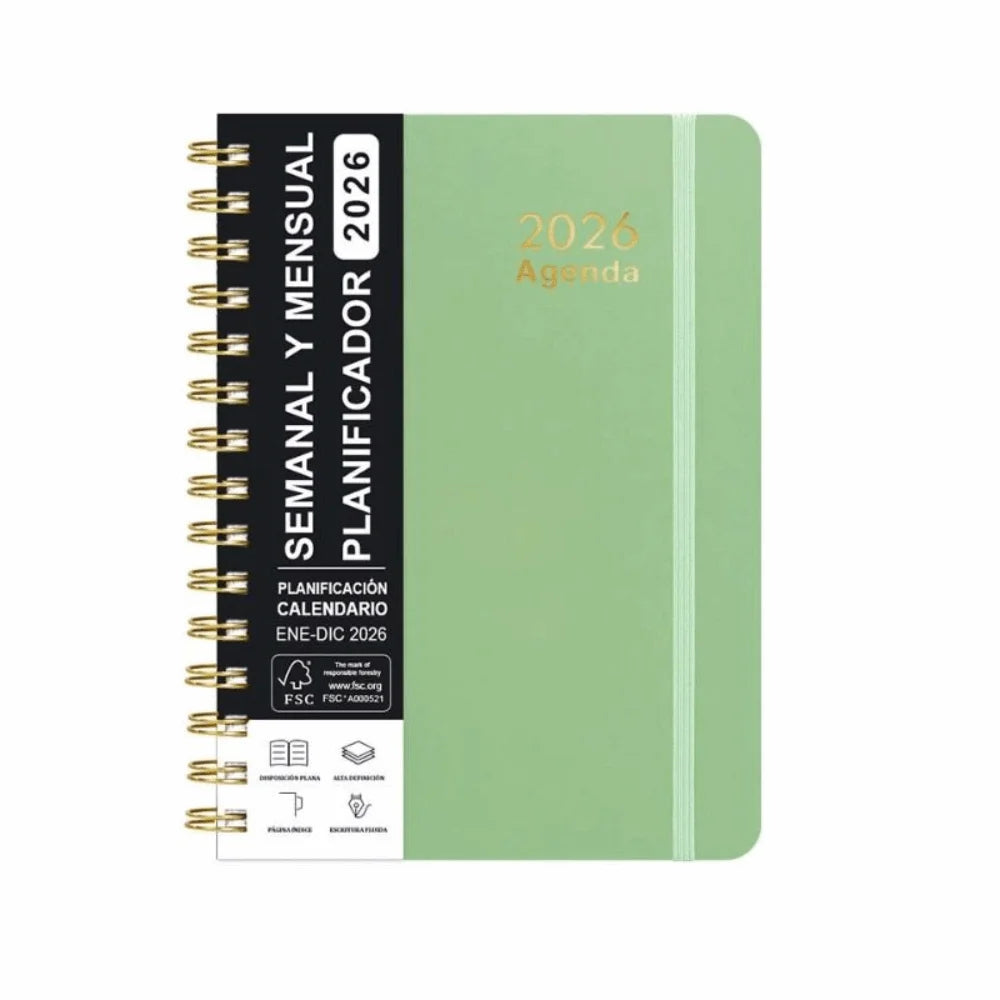 2026 Spanish Planner a5 Notebook Essential Daily Organizer Self-Tracking Diary Book Convenient Coil Calendar Peaceful Pleasures Health and Wellness Green