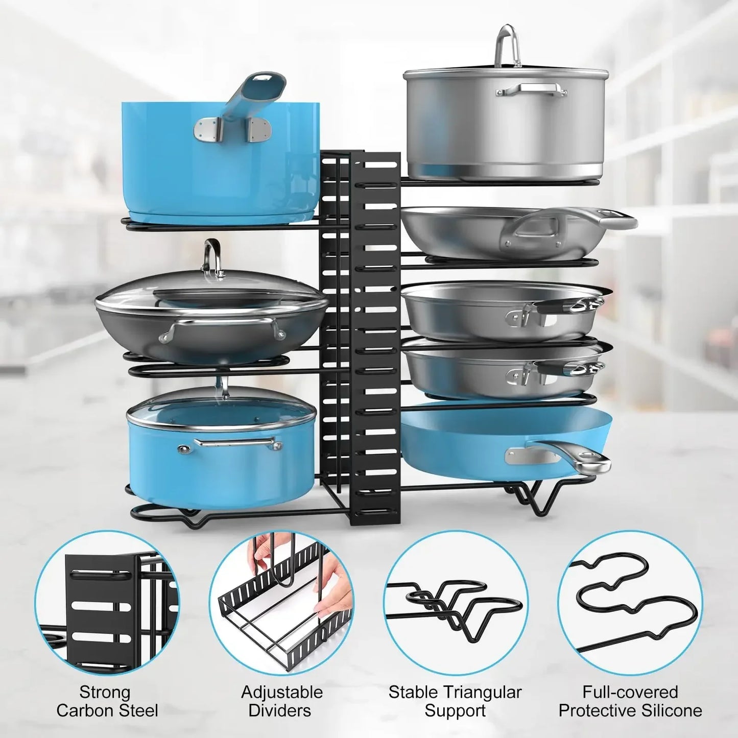 8-Tier Adjustable Pot & Pan Rack Cabinet Organizer – Metal
