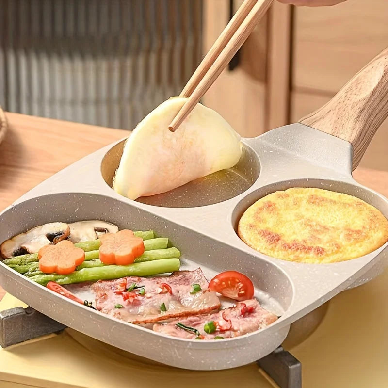 1pc 7.5" Multi-Section Non-Stick Aluminum Skillet with Rust-Resistant Handle, 3-Compartment Egg Pancake Pan for Kitchen Cookware Peaceful Pleasures Health and Wellness
