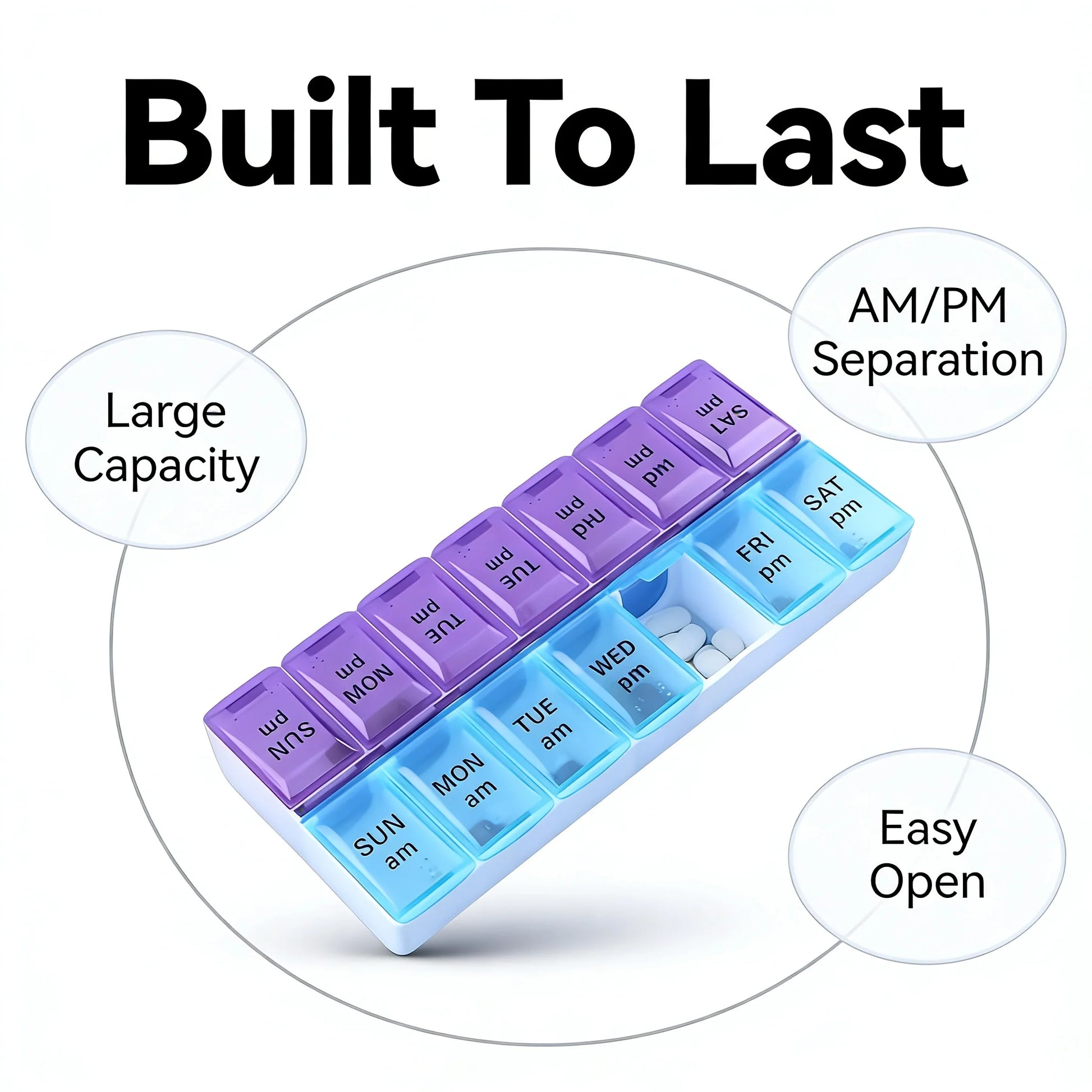 Multivitamin pill organizer with AM/PM separation, large capacity, and easy open features on a white background.