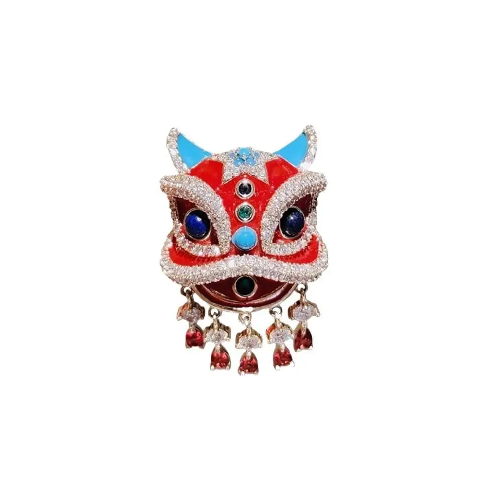 New Artistic National Trend Lion Dance Brooch Chinese Red Festive Three Dimensional Flower Shaped Brooch Inlaid Coat Pin Brooch Peaceful Pleasures Health and Wellness