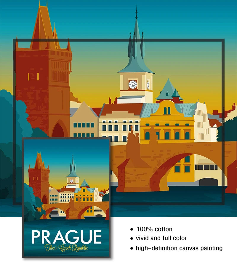 Prague Czech Republic Vintage Travel Canvas Wall Art Poster