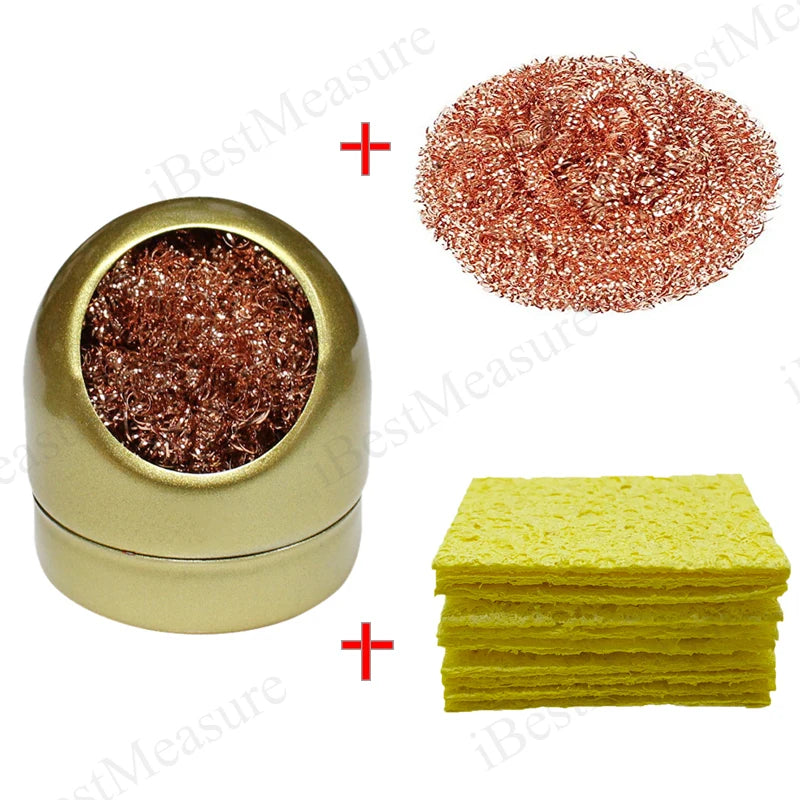 Soldering Iron Tip Cleaner Welding Soldering Iron Tip Cleaning Copper Wire Cleaner Ball with Sponge and Holder No Water Needed Peaceful Pleasures Health and Wellness Golden Set C