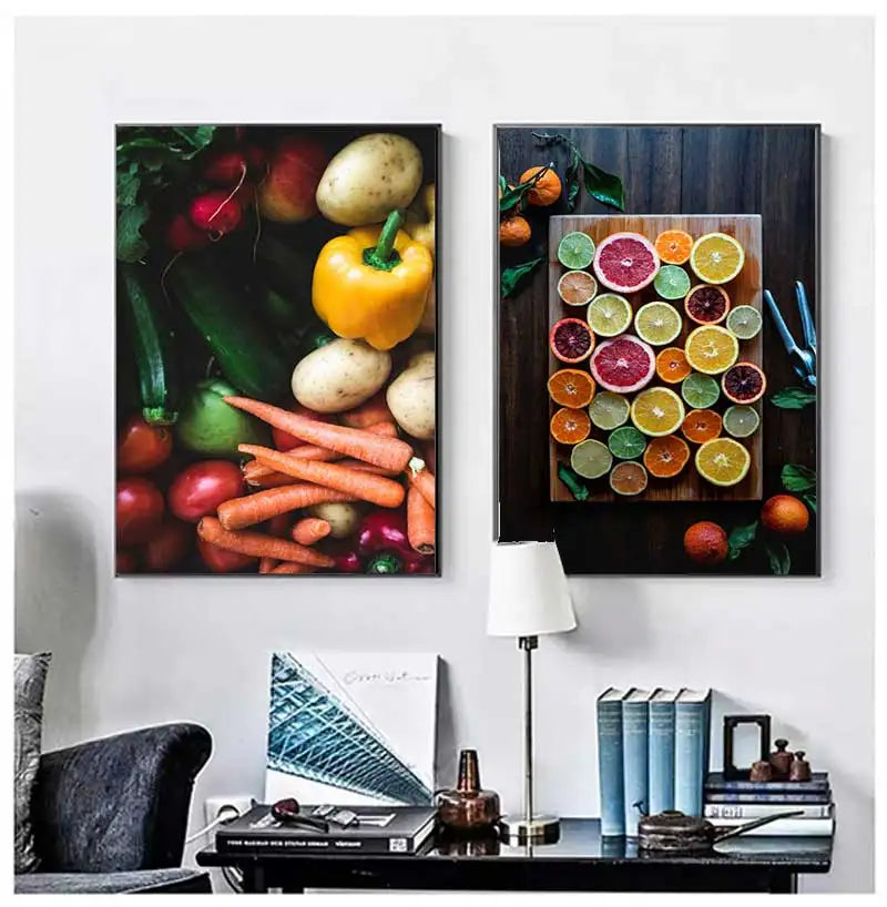 Nordic Wall Art Canvas Painting Colorful Fresh Vegetable Fruits Posters for Kitchen Decor Orange Lemon Picture for Restaurant Peaceful Pleasures Health and Wellness