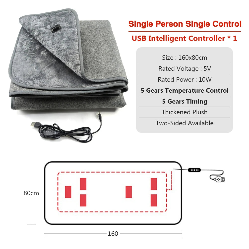 USB Electric Blanket 5v Single Double Thick Long Velvet Five-speed Temperature Adjustment Five-speed Timing Overheat Protection Peaceful Pleasures Health and Wellness