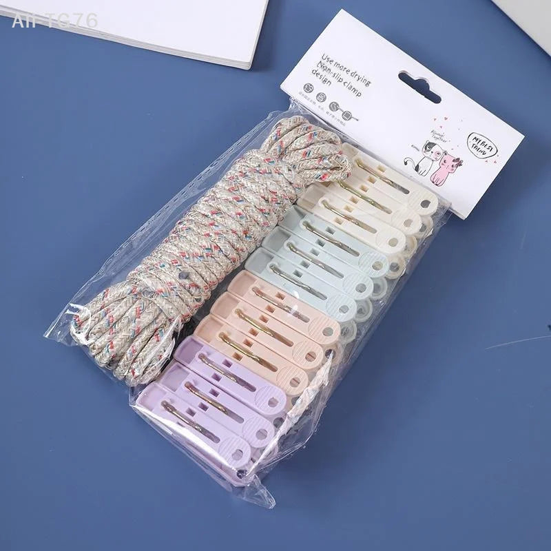 12-Clip Windproof Clothesline Set – Colorful Nylon Drying Clips