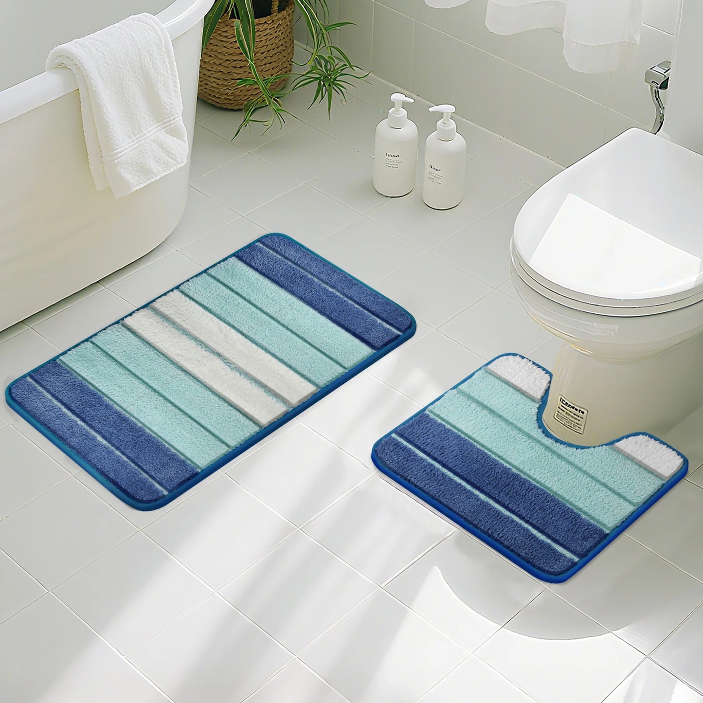 Striped Microfiber Bath Mat 50×80CM & 40×50CM Absorbent Carpet Set Non-Slip Washable Toilet Rugs for Shower Floor Bathroom Mats Peaceful Pleasures Health and Wellness Blue