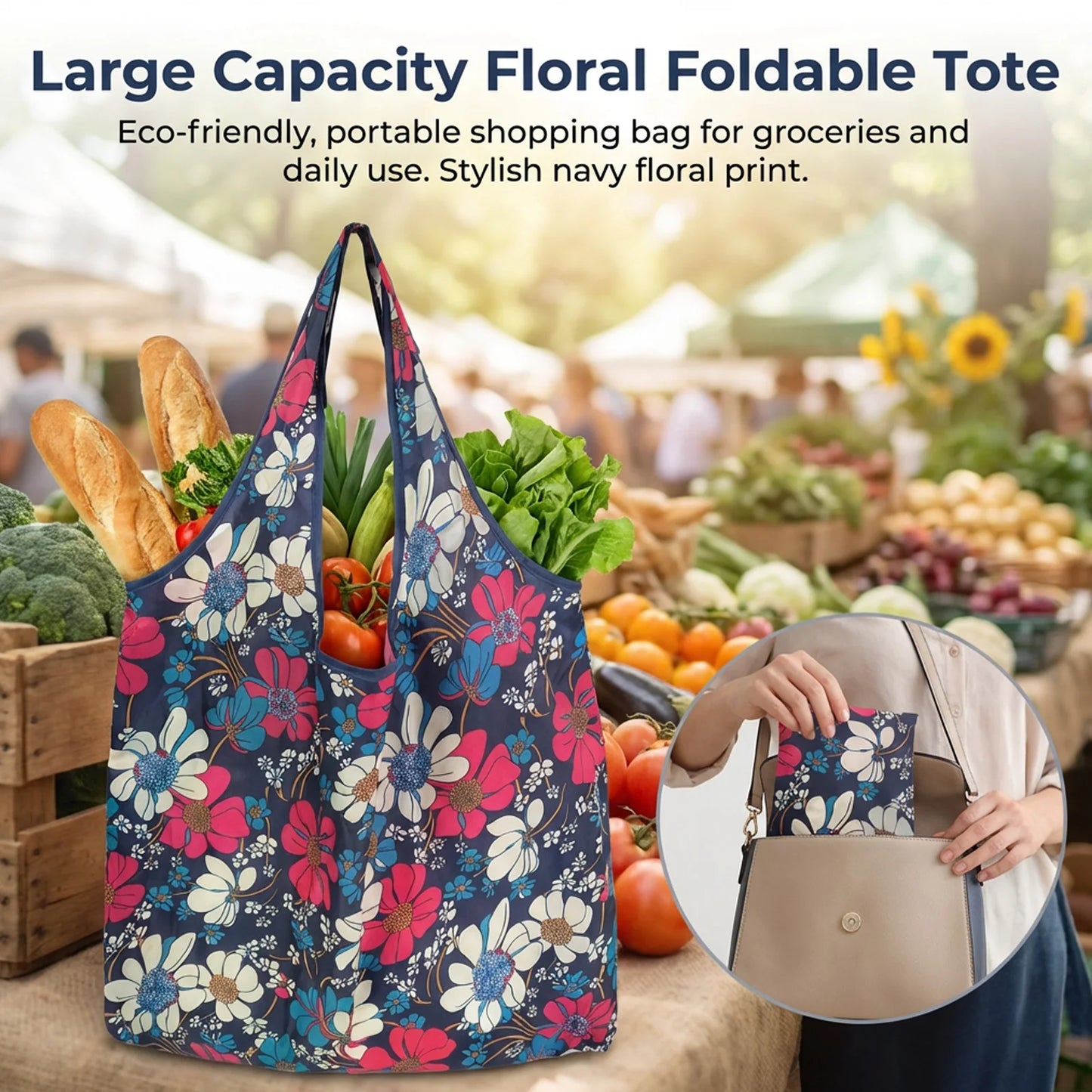 Large Capacity Eco-Friendly Foldable Shopping Bag Reusable Tote with Print Design for Supermarket Use Portable Carry Handle Peaceful Pleasures Health and Wellness