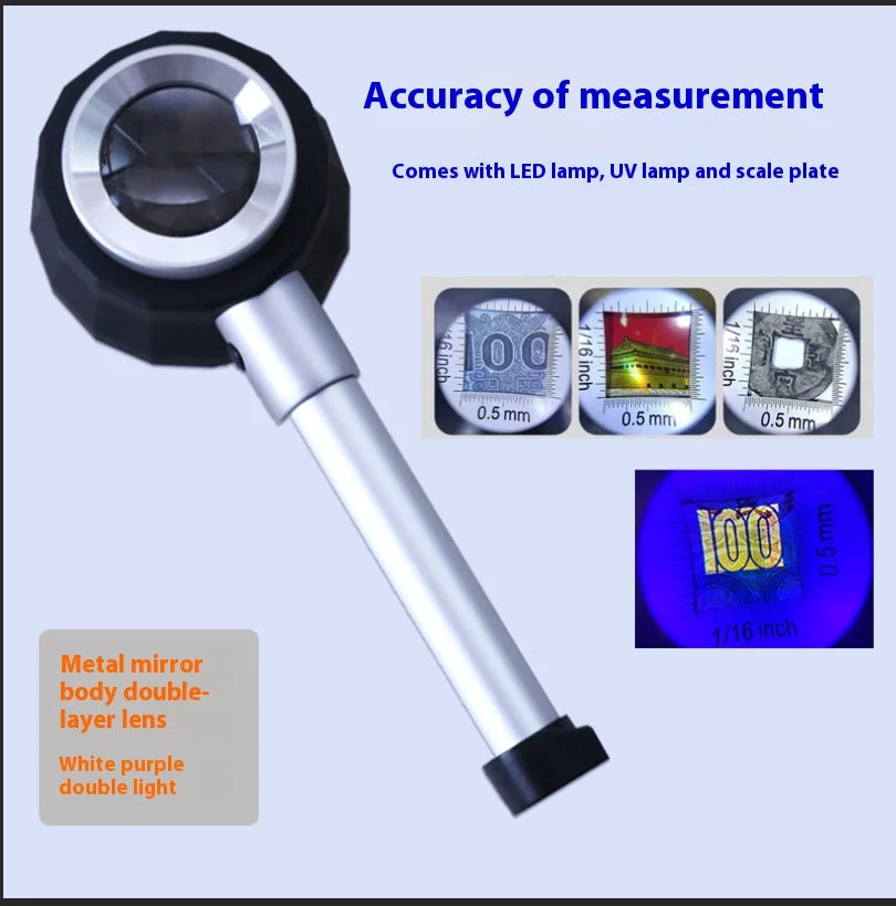 45X Handheld Magnifying Glass for Reading Led Light Strip Scale Uv Purple Light Identification Magnifying Glass Peaceful Pleasures Health and Wellness