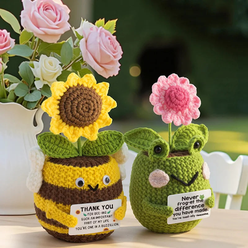 Handmade Crochet Frog Bee Plant Pot Doll | Desk Ornament Gift
