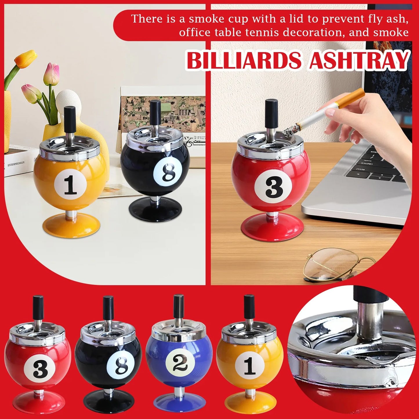 Ashtray Billiard Ashtray with Lid Windproof Automatic Extinguishing Decorative Ashtray for Home Restaurant KTV Bar Cigar Ashtray Peaceful Pleasures Health and Wellness