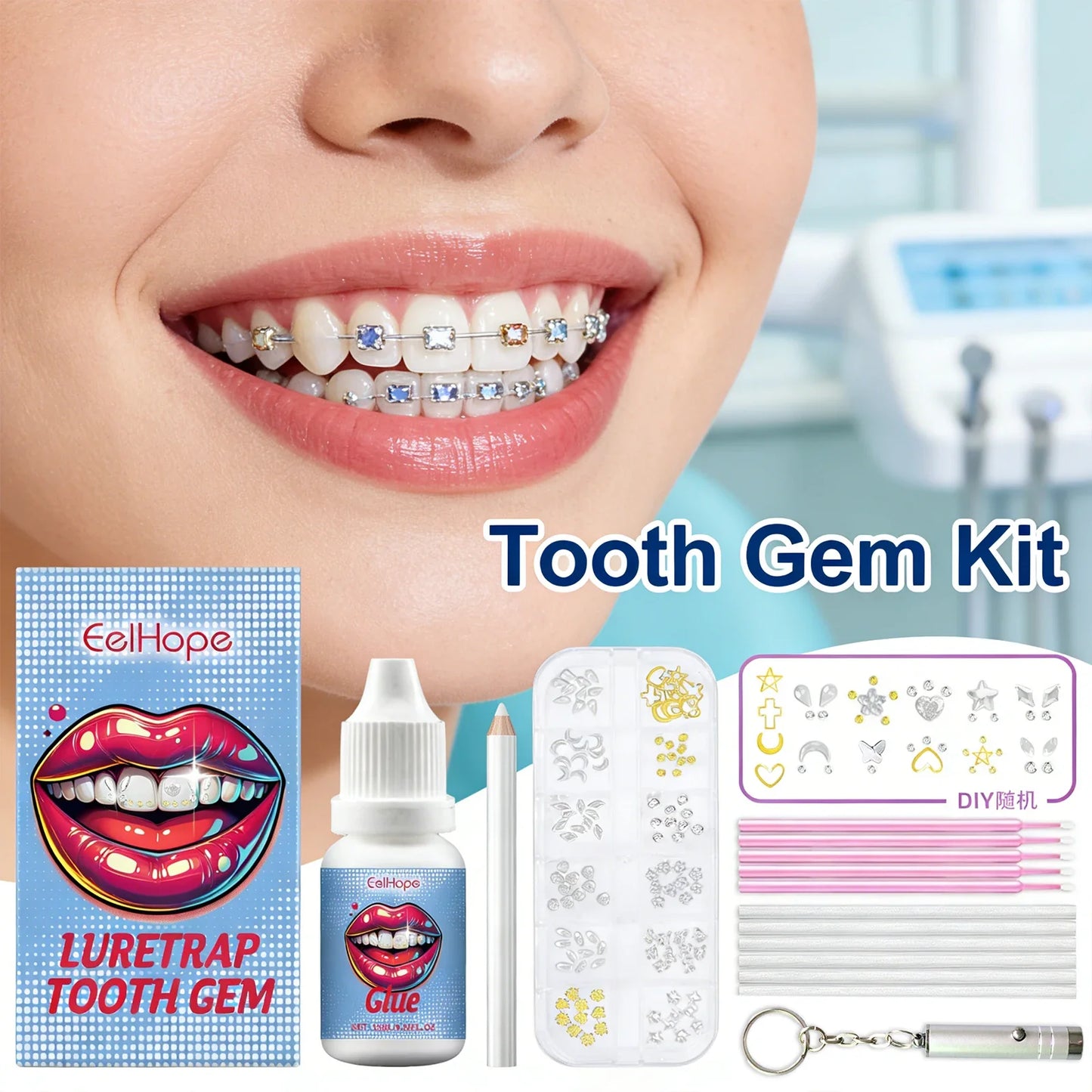 DIY Tooth Gems Kit – 120 Crystal Teeth Jewels + UV Glue