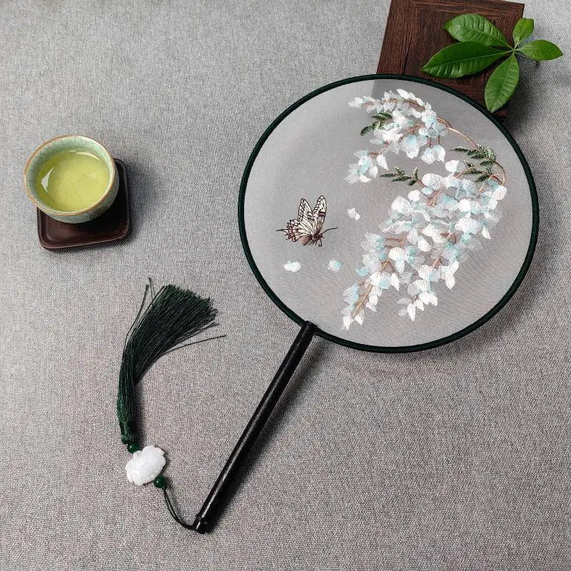 Su Embroidery Silk Round Hand Fan – Wooden Handle & Tassel