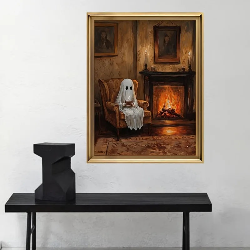 Spooky Ghost Tea Time Halloween Canvas Wall Art | Unframed Halloween Canvas Print Peaceful Pleasures Health and Wellness