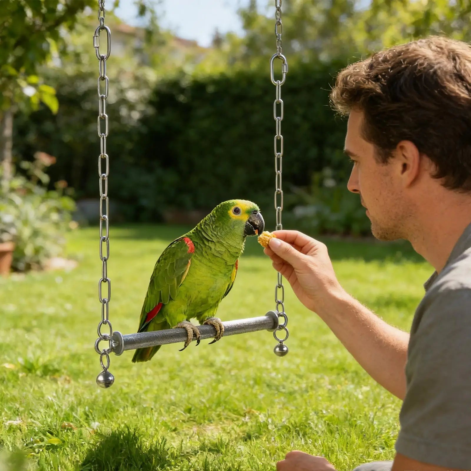 Stainless Steel Bird Swing Perch with Bell | Large Cage Toy Bird Cage Swing Peaceful Pleasures Health and Wellness