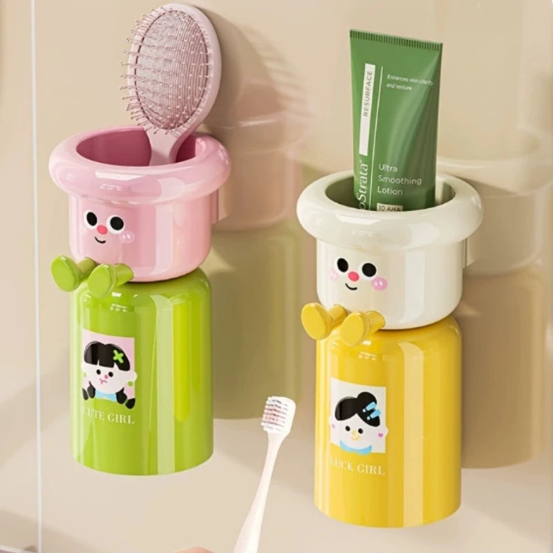 Cute Kids Creative Toothbrushes Holder,Household No Punching Organiser Rack with Cups for Toothpaste Comb,2 In 1 Gargle Cup Peaceful Pleasures Health and Wellness