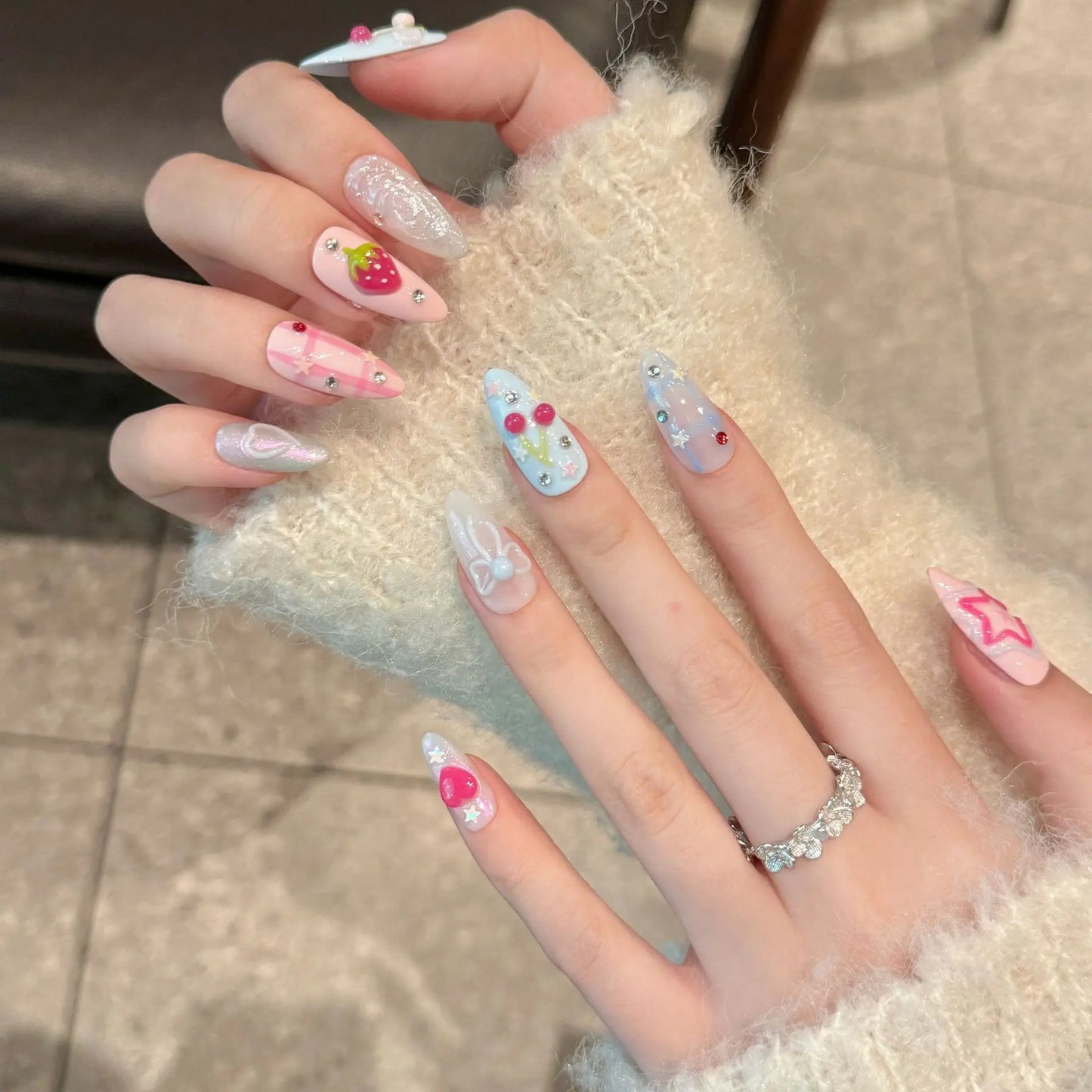 Handmade Press on Nails Ins Sweet Pink Blue Color Fake Nails for Girls Wearable 3D Cherry Love Star Korean Cute False Nail Tips Peaceful Pleasures Health and Wellness
