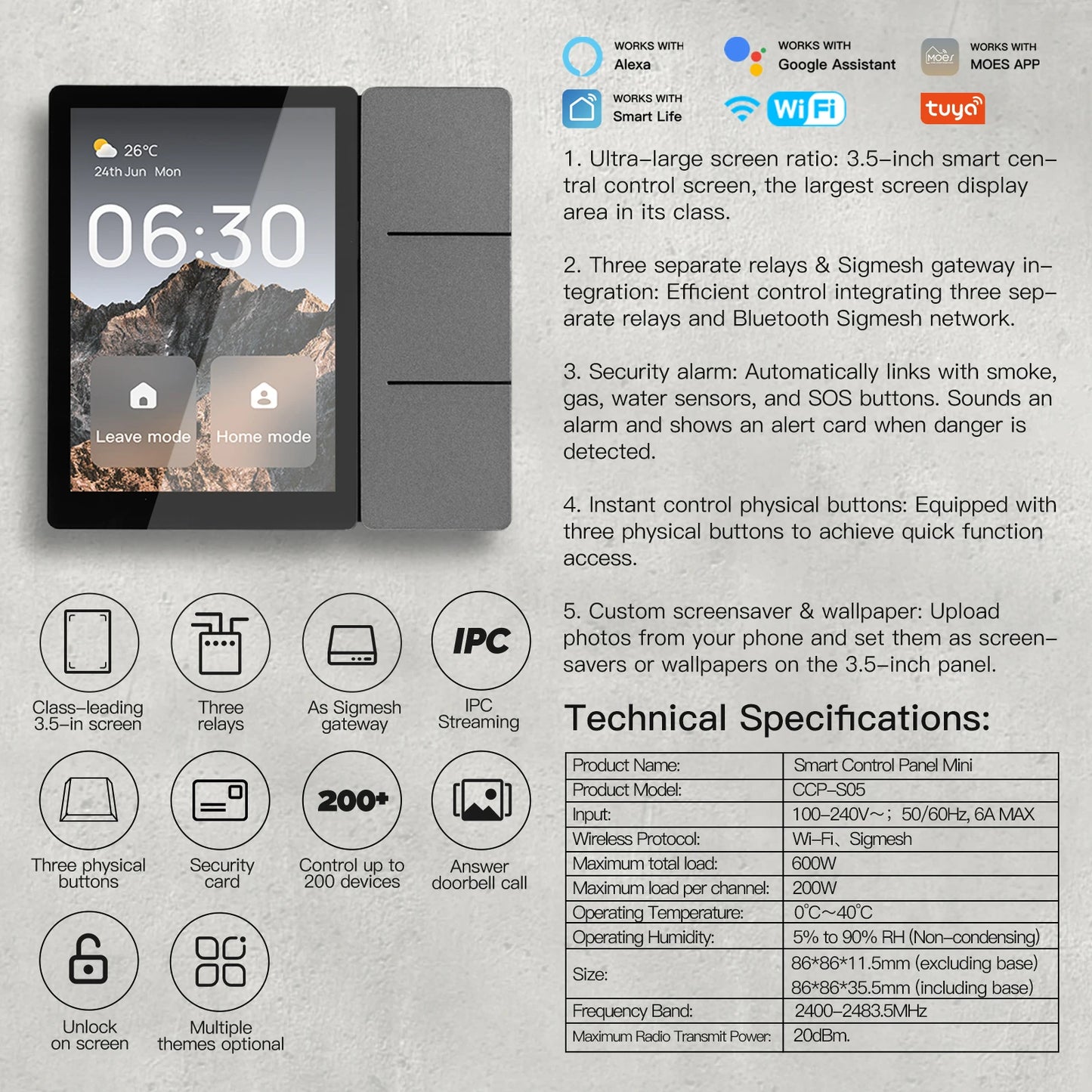 Tuya WiFi 3.5 inch Smart Center Control Panel Touch Central Screen 3 Relays Physical Buttons Bluetooth Sigmesh Hub Built-in Peaceful Pleasures Health and Wellness