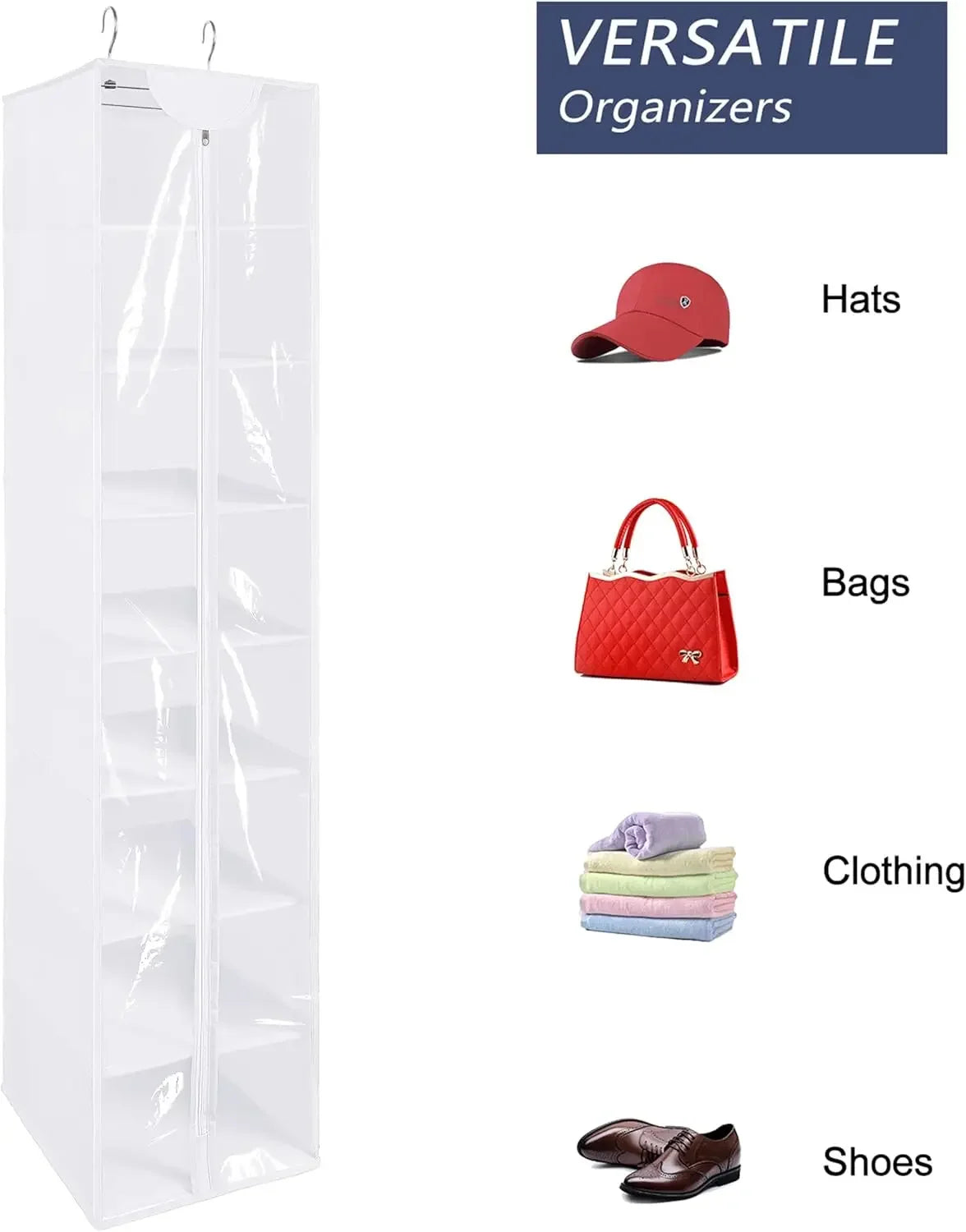 8-Shelf Hanging Closet Organizer with Zipper, Breathable Storage for Sweaters, Shoes, and More in White Peaceful Pleasures Health and Wellness