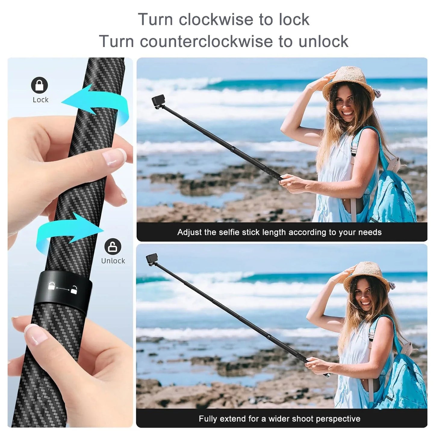 Invisible Selfie Stick 16 4ft 9 Section Extended X4 X3 X2 Action