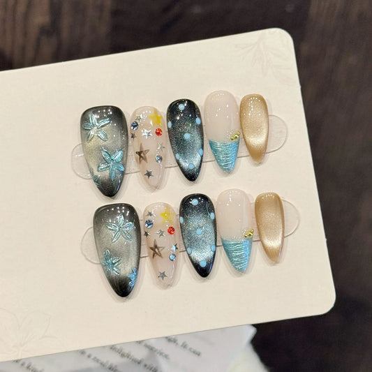 10pcs Cat's Eye Press On Nails – Autumn Brown Star & Flower Art Press On Nails Peaceful Pleasures Health and Wellness M