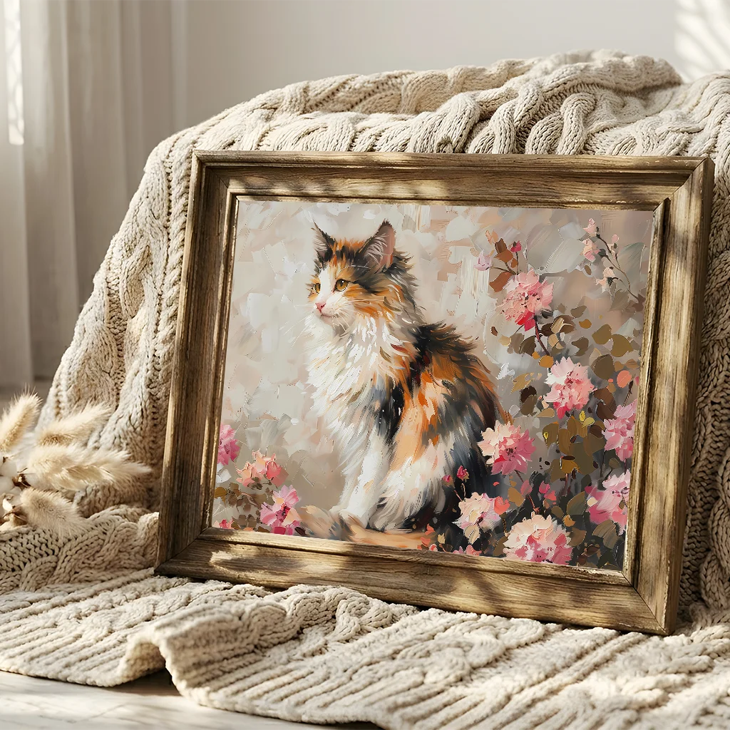 Vintage Animal Wall Art, Flower Cat Oil Canvas Painting, Nordic Poster Print for Bedroom Living Room Wall Decor Peaceful Pleasures Health and Wellness