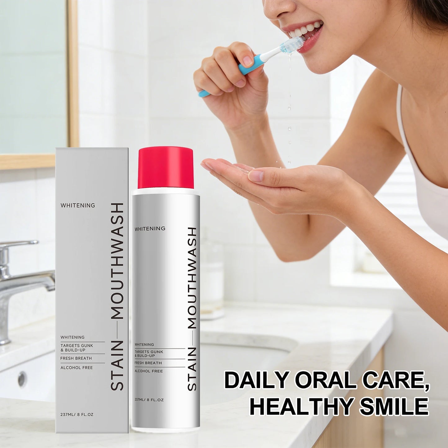 Whitening Stain Mouthwash Clean Food Residue Reduce Dental Plaque Eliminate Odors Freshing Breath Alcohol Free Daily Teeth Care Peaceful Pleasures Health and Wellness