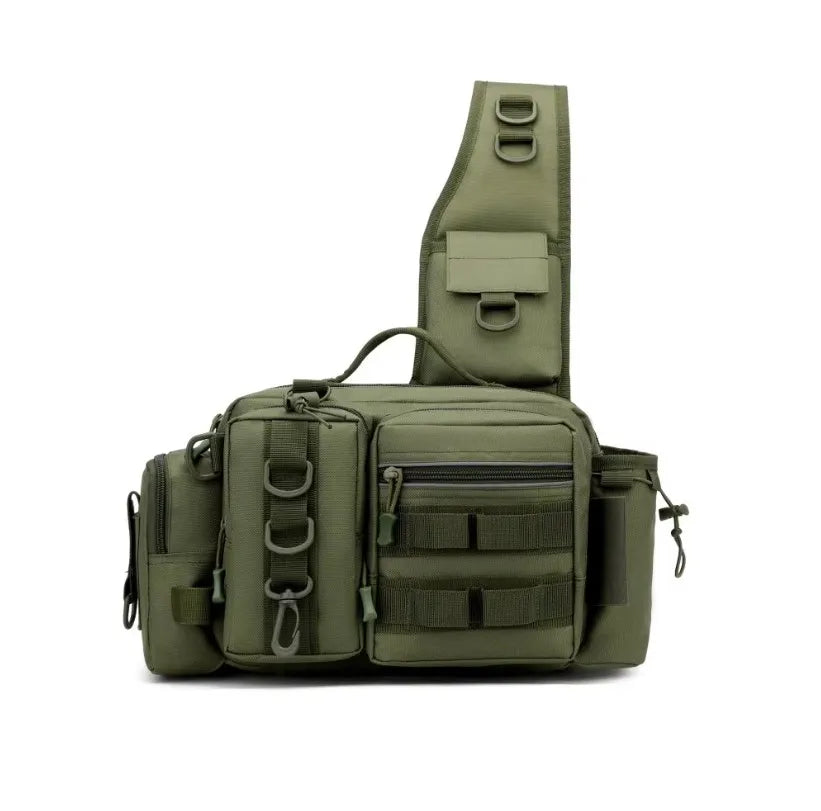 Fishing Tackle Backpack Fishing Fanny Pack Crossbody Bag Fishing Tackle Box Organizer with Rod & Gear Holder, Ideal for Fishing Peaceful Pleasures Health and Wellness army green